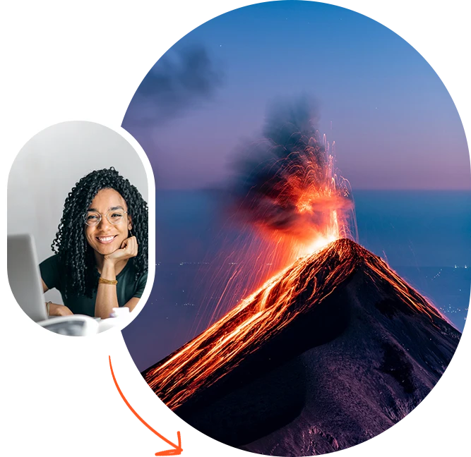 A woman is smiling next to an image of a volcano.